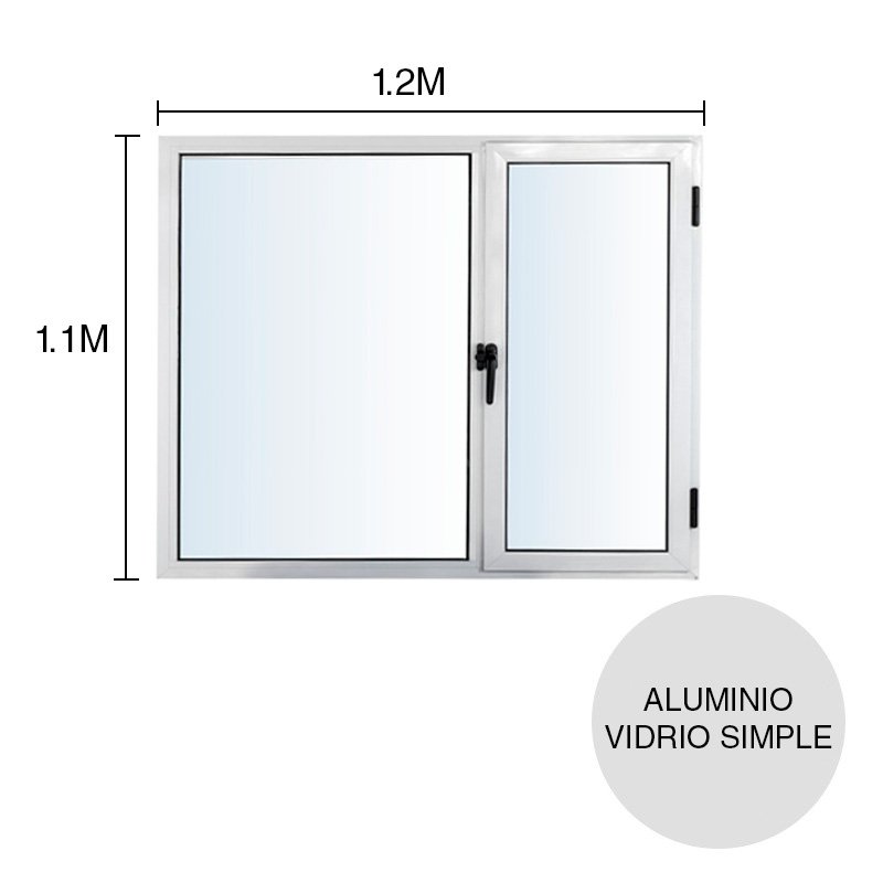Ventana sureña derecha vidrio simple aluminio c/paño fijo y paño de abrir Moderna blanco 1.1m x 1.2m